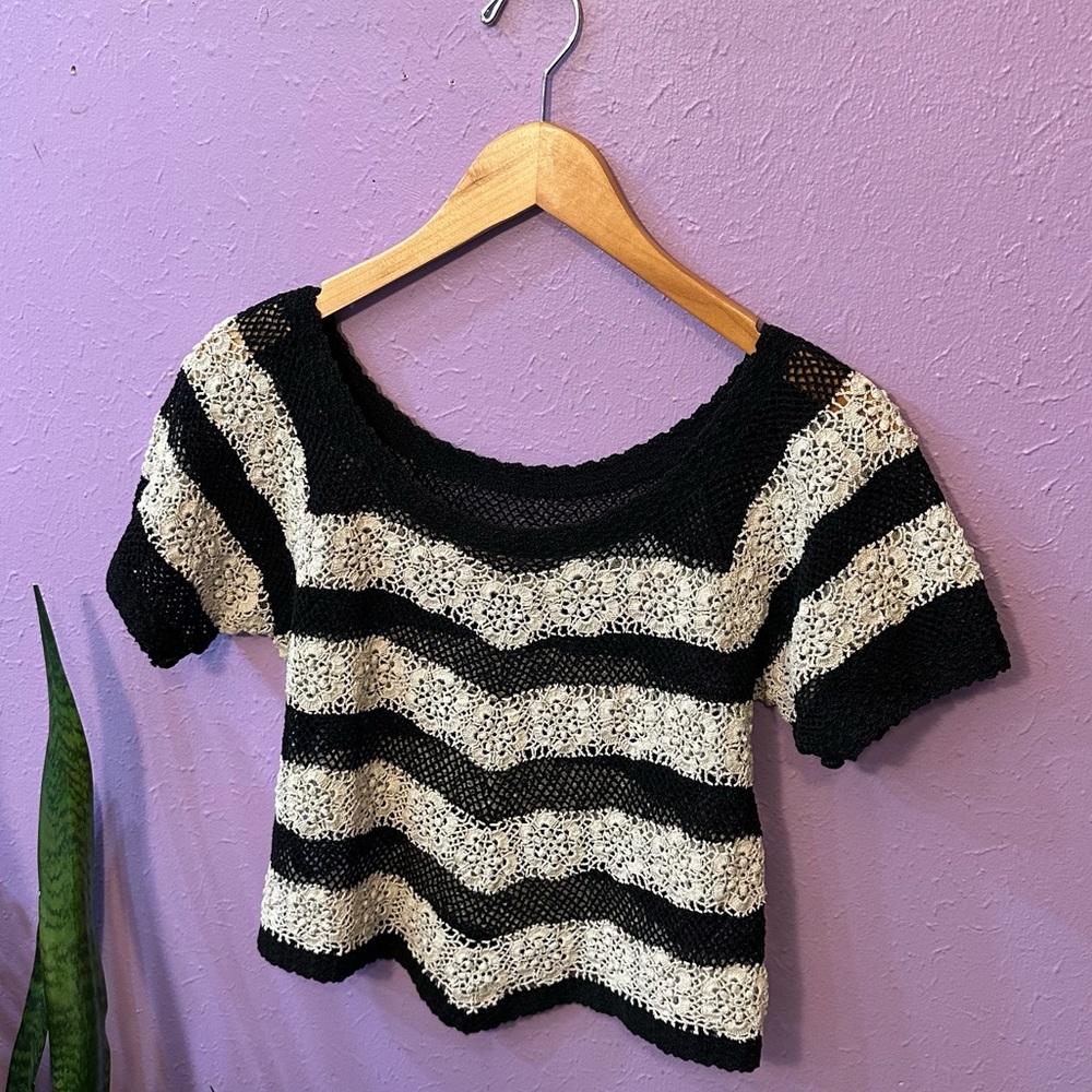 SOLD- Vintage Handmade Crochet Striped Top - Picture 3 of 8